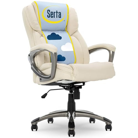 Serta Garret Executive Office Chair, Ergonomic Mid-Back with Lumbar Support, Semi-Plush Cushion and Body Pillows, Padded Armrests, Swivel Base, Bonded Leather, Ivory White Serta