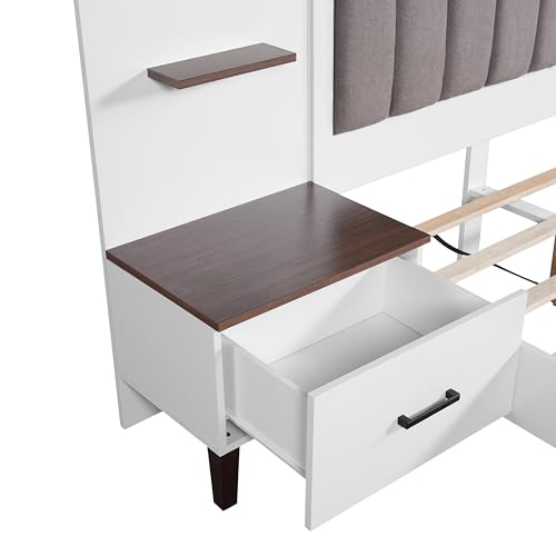 Merax King Size Bed Frame with 2 Nightstands and 2 Floating Storage Shelves, Contemporary Platform Bed Frame King Size with Upholstered Headboard, No Box Spring Needed Merax