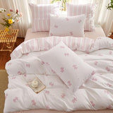 Bildenly Pink Bow Duvet Cover Twin Size Reversible White Pink Bows Striped Bedding Set Kids Girls Cute Comforter Cover Set Soft Breathable Microfiber Quilt Cover with Zipper Closure and 1 Pillowcase Bildenly