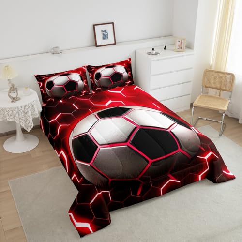 Erosebridal Football Bedding Comforter Sets for Boys Soccer Bedding Sets Full,Red Neon Light Decor Duvet Insert Modern Style Glowing Honeycomb Quilted Comforter 3Pcs,Sports Themed Bedroom Decor Erosebridal