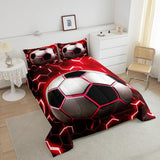 Erosebridal Football Bedding Comforter Sets for Boys Soccer Bedding Sets Full,Red Neon Light Decor Duvet Insert Modern Style Glowing Honeycomb Quilted Comforter 3Pcs,Sports Themed Bedroom Decor Erosebridal