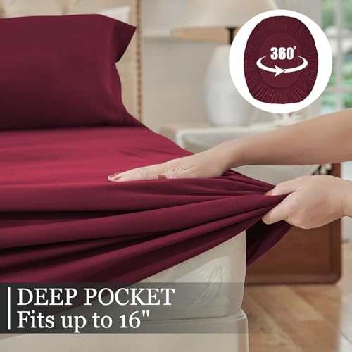 Yibeizi Twin Sheets Set, Red Cooling Hypoallergenic Microfiber Single Bed Sheets, Soft Oeko-Tex Extra Deep Pocket Sheets & Pillowcases Wrinkle Free Bedsheets Yibeizi