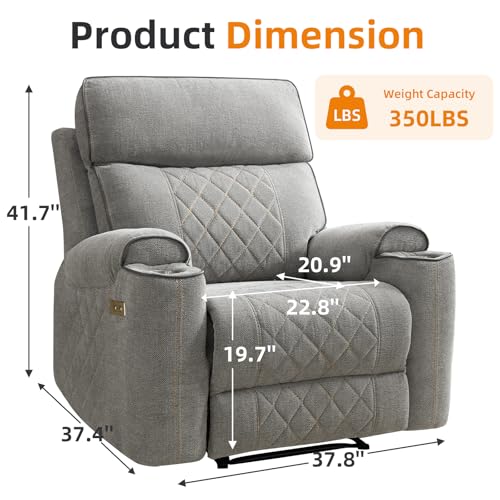 EBELLO Power Recliner Chair, Electric Fabric Reclining Sofa with Cup Holders, USB Type-C Charging Ports, for Small Living Room, Bedroom and Meeting Room, Grey