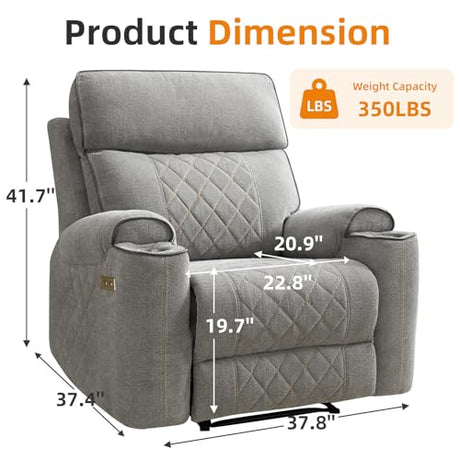 EBELLO Power Recliner Chair, Electric Fabric Reclining Sofa with Cup Holders, USB Type-C Charging Ports, for Small Living Room, Bedroom and Meeting Room, Grey EBELLO