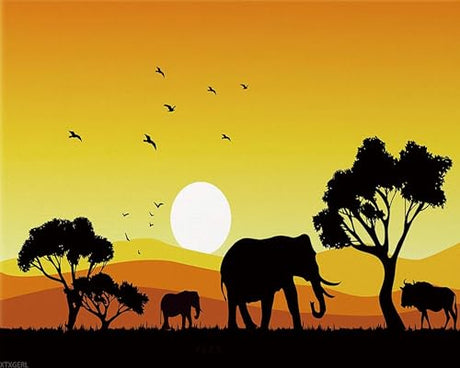 XTXGERL Paint by Number for Adults Beginner Students, African Sunset Landscape Wildlife Animal Elephant Paint by Numbers Kits on Canvas, Frameless DIY Oil Painting for Home Wall Decor 16x20 inch XTXGERL