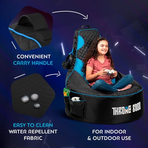 Throne Boss Gaming Bean Bag Chair for Kids [Cover ONLY No Filling] - High Back Beanbag for Boys, Girls, and Gamers with Cup Holder (Black/Blue) Throne Boss