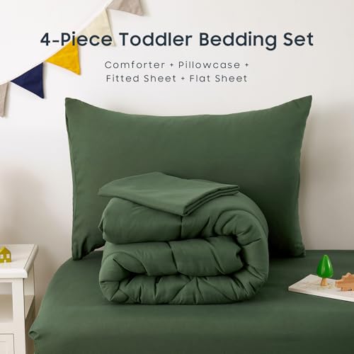 Wake In Cloud - Toddler Bedding Set for Boys Girls, 4 Pieces Soft Crib Bed Set Including Comforter, Sheets and Pillowcase, Olive Green Wake In Cloud