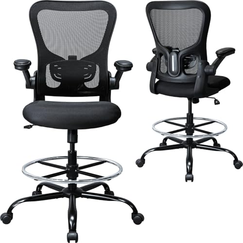 Drafting Chair, Ergonomic Tall Office Chair for Standing Desk, Counter Height Desk Chair with Adjustable Padded Armrests and Footrest Ring Standing Desk Chair Adjustable Height with Lumbar Support TOPBSHODC