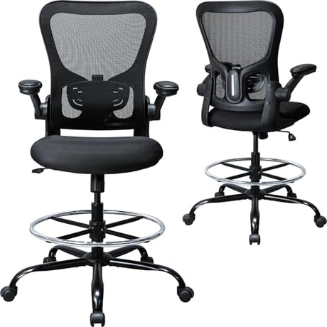 Drafting Chair, Ergonomic Tall Office Chair for Standing Desk, Counter Height Desk Chair with Adjustable Padded Armrests and Footrest Ring Standing Desk Chair Adjustable Height with Lumbar Support TOPBSHODC