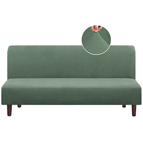 PrinceDeco Stretch Futon Slipcover Armless Futon Bed Cover Furniture Protector Without Armrests with Elastic Bottom for Kids, Soft Jacquard Fabric Small Checks, Machine Washable, Loden Frost PrinceDeco