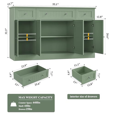 HITHOS 55" Sideboard Buffet Cabinet with Storage, Modern Kitchen Buffet Storage Cabinet with Drawers, Wood Coffee Bar with Adjustable Shelves, Large Sideboard for Kitchen, Living Room, Green HITHOS
