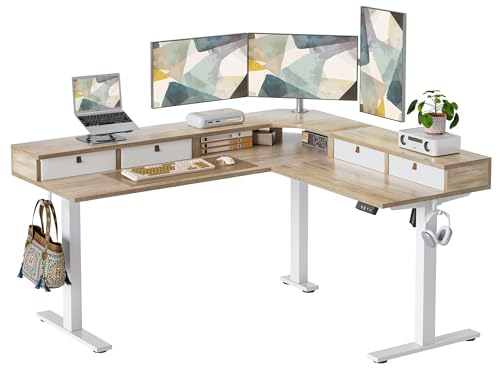 TIQLAB L Shaped 63 x 55 inch Standing Desk Adjustable Height, Electric Corner Standing Desk with 4 Drawers and Upper Shelf, Sit Stand Computer Table with Splice Board, Maple TIQLAB