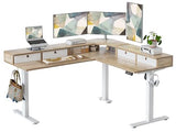 TIQLAB L Shaped 63 x 55 inch Standing Desk Adjustable Height, Electric Corner Standing Desk with 4 Drawers and Upper Shelf, Sit Stand Computer Table with Splice Board, Maple TIQLAB