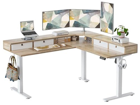 TIQLAB L Shaped 63 x 55 inch Standing Desk Adjustable Height, Electric Corner Standing Desk with 4 Drawers and Upper Shelf, Sit Stand Computer Table with Splice Board, Maple TIQLAB