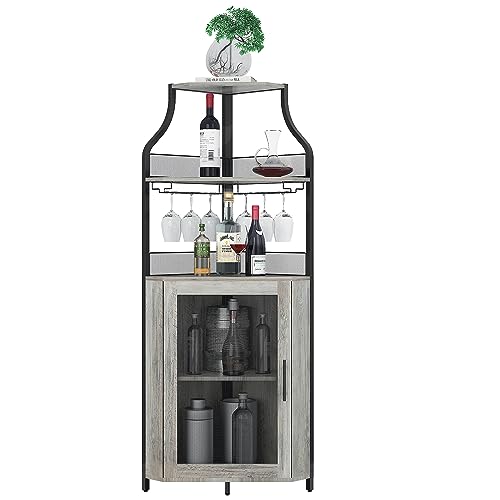 GAOMON Corner Wine Bar Rack Cabinet with Detachable Wine Rack, Bar Cabinet with Glass Holder, Small Sideboard and Buffet Cabinet with Mesh Door (Grey) GAOMON