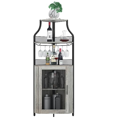 GAOMON Corner Wine Bar Rack Cabinet with Detachable Wine Rack, Bar Cabinet with Glass Holder, Small Sideboard and Buffet Cabinet with Mesh Door (Grey) - WoodArtSupply