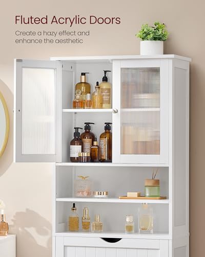 VASAGLE Storage Cabinet, Freestanding Storage Unit with Adjustable Shelves, Drawer, Open Compartments, for Bathroom, Living Room, Kitchen, Cloud White UBBC768WH01S VASAGLE