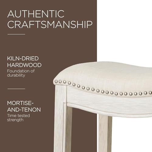 Maven Lane Adrien Saddle Bar Stool in White Oak Finish with Natural Fabric Upholstery Maven Lane