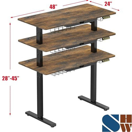SHW 48-Inch Electric Height Adjustable Standing Desk with Drawer, Memory Preset and Cable Management Tray, Rustic Brown SHW
