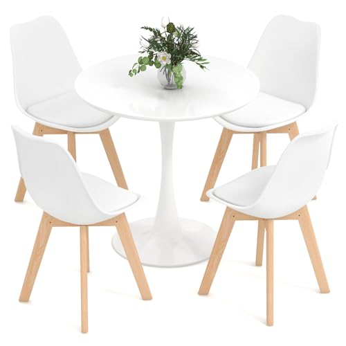 Tangkula Round Dining Table Set for 4, Kitchen Table Set with Padded Seat & Solid Wood Legs, Round Kitchen Table and Chairs for Small Space, Black (White) Tangkula