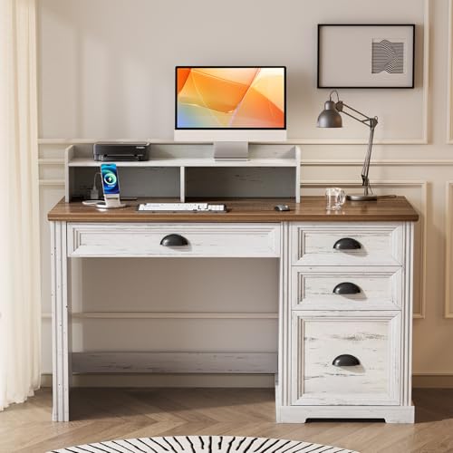 Lareth Computer Desk with Monitor Stand, 47 in Farmhouse Home Office Desk with LED Lights Power Outlets, Executive Desk with Storage for Working Gaming, Study Writing Table for Bedroom, Antique White Lareth