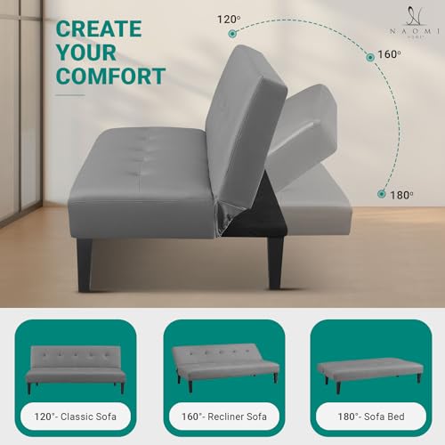 Naomi Home Tufted Faux Leather Futon Sofa Bed - Modern Convertible Folding Couch With Wooden Legs, Reclining Small Bed, Durable and Sturdy, Gray Naomi Home