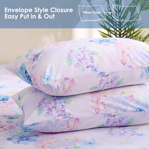 JSD Purple Hydrangea Floral Sheet Set Twin Size, 3 Piece Printed Microfiber Bed Sheets Deep Pocket JSD