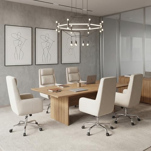 COLAMY Cocoon Modern Executive High Back Home Office Chair, Upholstered Desk Chair with Wheels, Vanity Chair with Head and Lumbar Support, Armrest (Beige) COLAMY