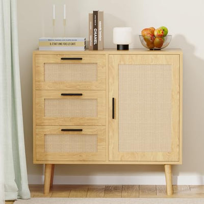 KFO Storage Cabinet, Rattan Sideboard Cabinet with 3 Drawers & Door, Wooden Buffet Cabinet for Living Room, Dining Room, Hallway, Kitchen, Entryway…