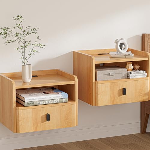 GENGKHAN Floating Nightstand Set of 2, Modern Wall Mount Bedside Table with Drawer & Open Shelf, Space-Saving Night Stands with Charging Station, Natural Wood Finish for Bedroom GENGKHAN