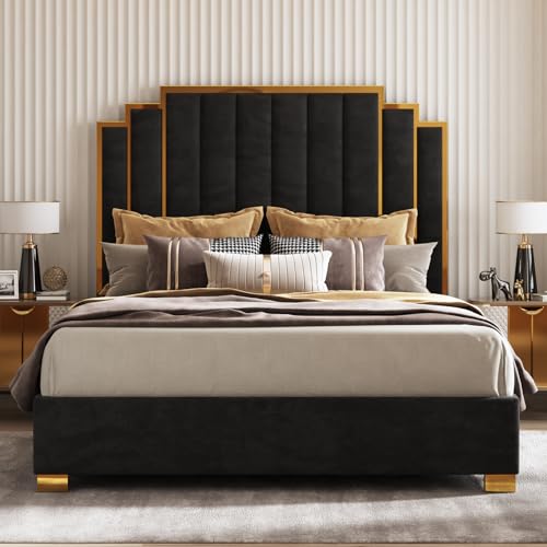 AMERLIFE King Size Upholstered Bed, Modern Velvet Bed Frame with 65.4” Tall Gold Trim Headboard, No Box Spring Needed, Black AMERLIFE