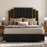 AMERLIFE King Size Upholstered Bed, Modern Velvet Bed Frame with 65.4” Tall Gold Trim Headboard, No Box Spring Needed, Black AMERLIFE