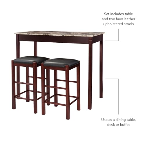 Linon Brown 3-Piece Table Faux Marble Tavern Set, 42" w x 22.25" d x 36" h - WoodArtSupply