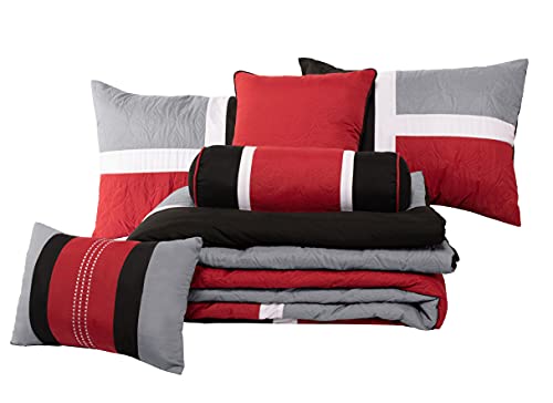 Chezmoi Collection 7-Piece Quilted Patchwork Comforter Set, Red/Gray/Black, King Chezmoi Collection