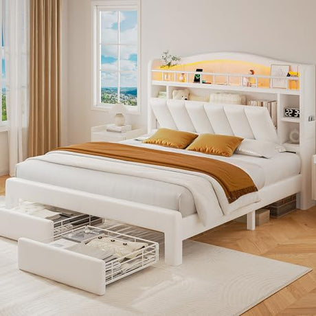 Full Size Bed Frame with LED Storage Headboard & 2 Storage Drawers, Velvet Upholstered Bed with Vertical Tufted Headboard Design, USB & Type-C Charging Ports, Wooden Slats Support, Noise-Free, Beige Jocoevol