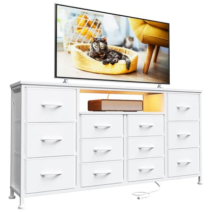 WODRAWER TV Stand Dresser for Bedroom with 12 Drawers for 60" TV, Fabric Drawers Entertainment Center with Power Outlets & LED Lights & Open Shelves, Long Dresser for Console, Living Room