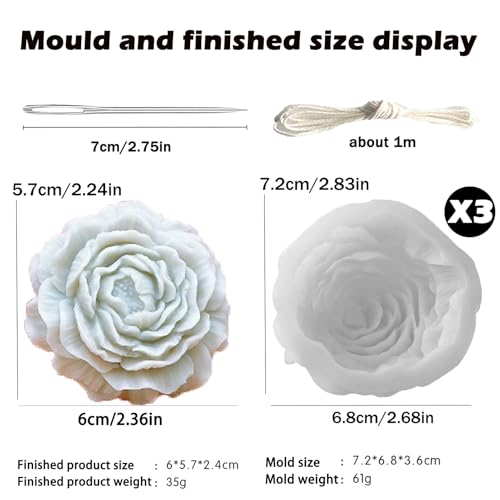 3 Pack Peony Silicone Candle Mold Flower Mold Resin Casting Molds with Large-Eye Wicking Needle,Candlewick for DIY Scented Candle, Soy Wax, Cake, Soap,Craft Making