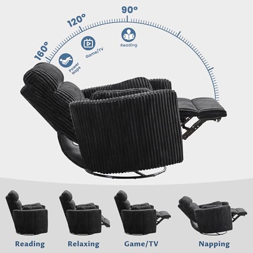 GRAINELL Oversize Power Swivel Recliner, 40in Wide Electric Glider Rocking Chair with Headrest Adjustment, USB Port, 270° Swivel, Rock 30° – for Living Room, Nursery, Black (5" 7' to 6" 1' Height)