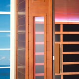 WOODBRIDGE Infrared Sauna Room 2 Person Japanese Cedar Indoor Corner Sauna with 7 Carbon Heaters, Red Light Therapy,Bluetooth Speaker,Intelligent Dual Control System,Tempered Glass,Exterior Brim Light WOODBRIDGE