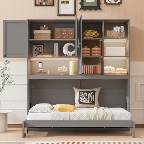 SOFTSEA Twin Size Horizontal Murphy Bed with Bookcase, LED Light and USB Charging Station, Space-Saving Hideaway Wall Bed Frame, Grey SOFTSEA