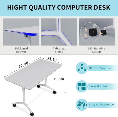 AKSOUDEW Folding Conference Table, Rectangular Conference Room Tables, Mobile Modular Training Table, Solid Steel Frame,Thickened Panel,for Schools,Meeting Room and Offices (4PCS, 71in) AKSOUDEW