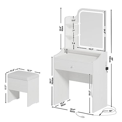 LIKIMIO Small Makeup Vanity Desk with Mirror and Lights, Vanity Table Set with Storage Drawer & Chair & 3 Shelves, Bedroom, White - WoodArtSupply