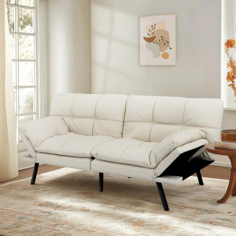 MUUEGM 71-Inch Convertible Futon Sofa Bed with Adjustable Backrest & Removable Armrests, Foldable Sleeper Loveseat for Small Space Living Room, Studio Apartment, Home Office，White MUUEGM
