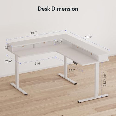 FLEXISPOT 63" L Shaped Standing Desk with Shelf Electric Corner Table, Drawers, Adjustable Computer Workstation for Home, Office,63x55in, White Top + White Frame FLEXISPOT