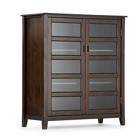 SIMPLIHOME Burlington SOLID WOOD 40 inch Wide Transitional Medium Storage Cabinet in Mahogany Brown, with 2 Tempered Glass Doors that open to 4 SIMPLIHOME