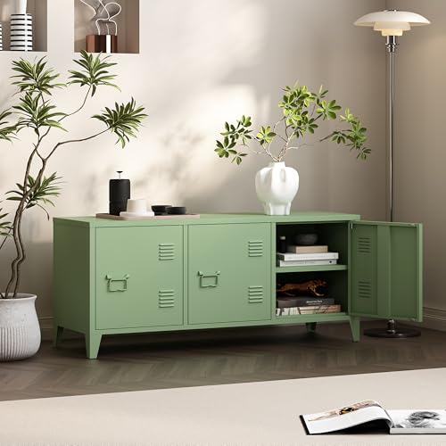 MIOCASA Metal Storage Cabinet,3 Door TV Stand, Metal TV Cabinet with Storage Locker,Low Corner Cabinet with Handles and Shelf for Home,Office(Green) MIOCASA