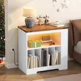 HOOBRO Large Record Player Stand with Charging Station & LED Lights, Vinyl Record Storage Table Holds up to 230 Albums, Turntable Stand with Display Shelf for Living Room, Walnut and White WH80UDRS01 HOOBRO