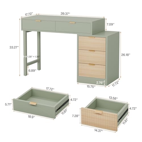 Tribesigns Makeup Vanity Desk with 5 Drawers, Modern Small Dressing Desk with Storage, Wood Make Up Table for Bedroom, Narrow Space (Without Mirror), Mint Green Tribesigns