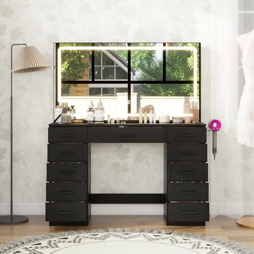 Vanity Desk with 11 Drawers,Glass Top Makeup Table with Mirror and LED Lights Vanity Table with Stool 3 Lighting Modes Brightness Adjustable Dressing Table with Power Outlet&Hair Dryer Holder (Black) Panana