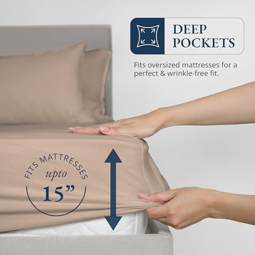 LANE LINEN King Fitted Sheet, 100% Organic Cotton, 3-Piece Set (1 Fitted Sheet,2 Pillowcases), Percale Weave, Ultra Soft, Breathable,Fits Mattress Upto 15" Deep - Taupe (No Flat Sheet) LANE LINEN